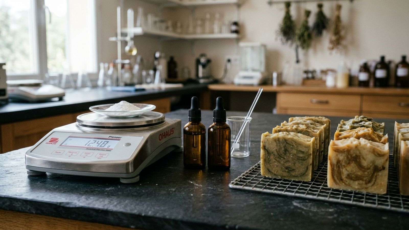 Laboratoire de formulation cosmétique maison avec balance de précision pesant du bicarbonate de soude cristallin, béchers en verre borosilicaté et pains de savon saponifiés à froid sur grille en zinc